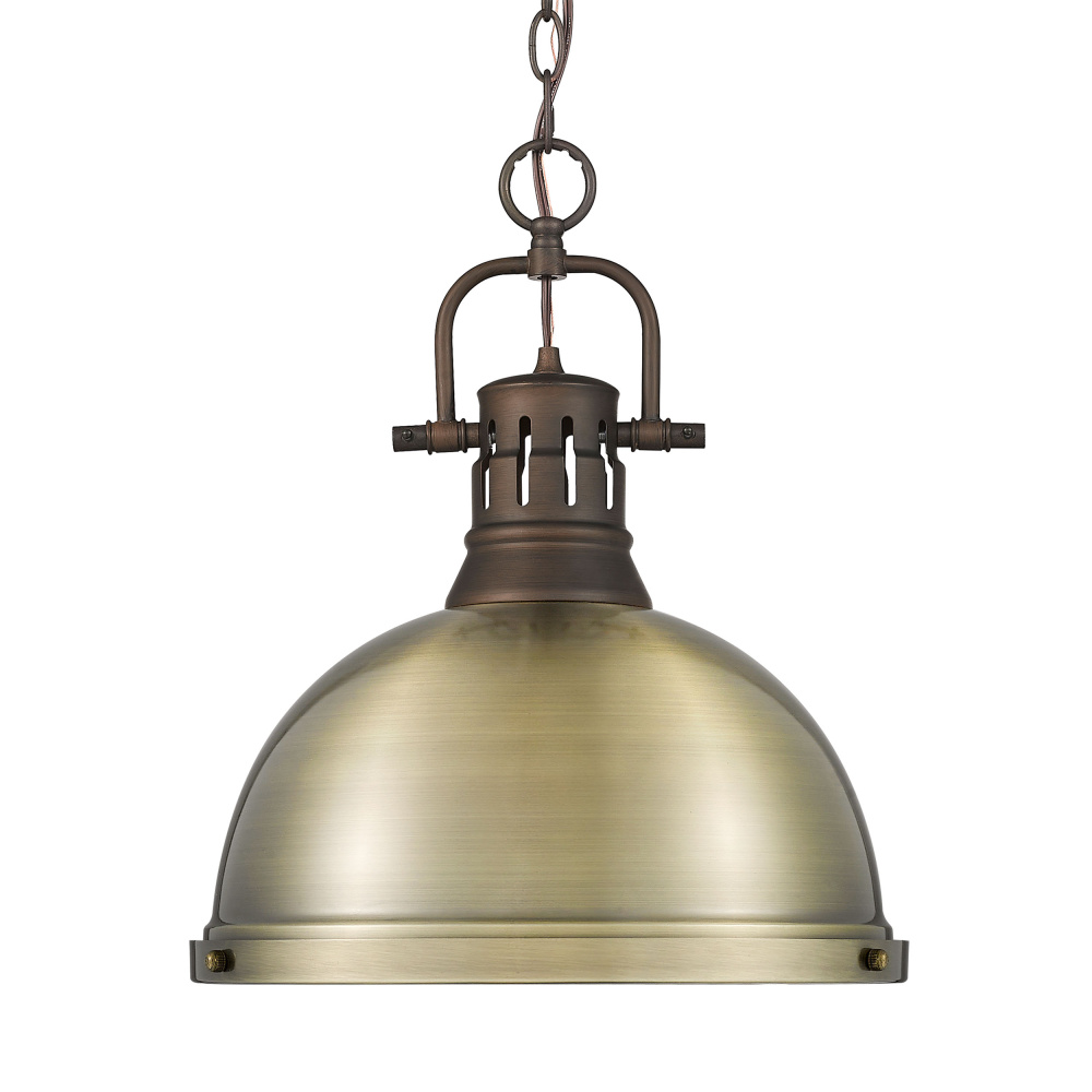 Yep by Golden Lighting Duncan 1-light 14in Chain Hung Pendant in Rubbed Bronze and Aged Brass shade